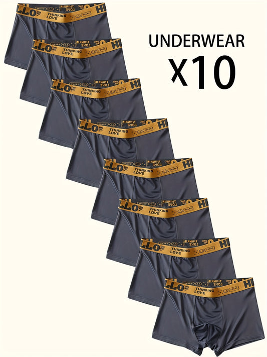 10pcs "Hello" Printed Men's Flat-Cut Underpants - Fashionable, Breathable, Comfortable Sports Underpants, High Elasticity, Quick-Drying Sports Underpants