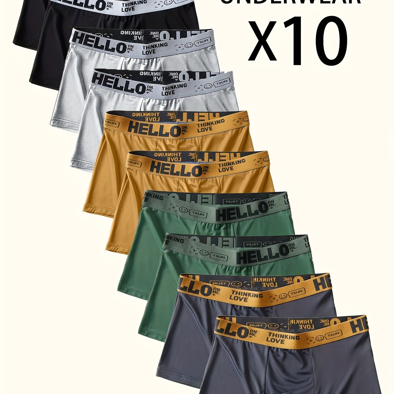 10pcs "Hello" Printed Men's Flat-Cut Underpants - Fashionable, Breathable, Comfortable Sports Underpants, High Elasticity, Quick-Drying Sports Underpants
