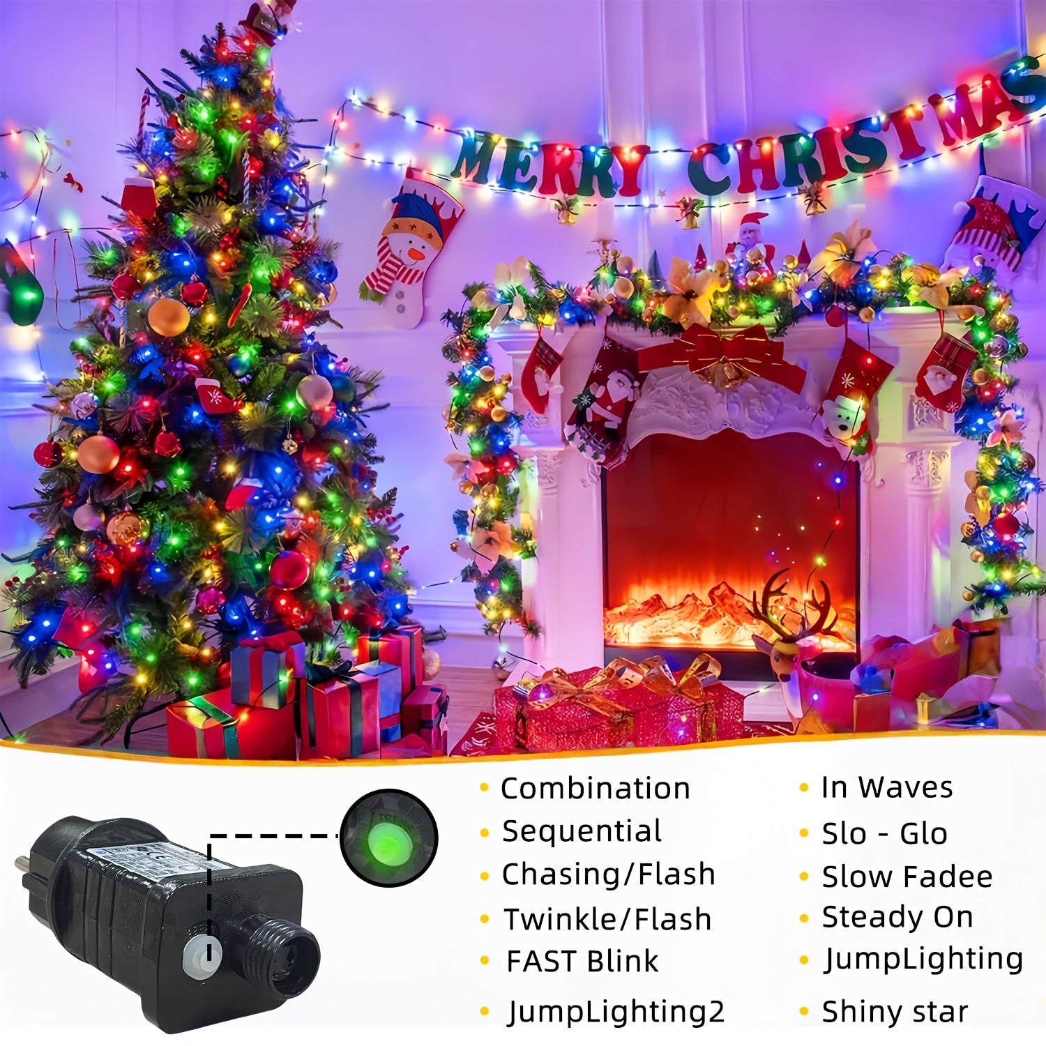 1000/300 LED Christmas light string plug-in type, ultra long green flashing LED string light, PVC material, 12 flashing modes, built-in timing function, seasonal lighting fairy light string, suitable for courtyard, garden, pa