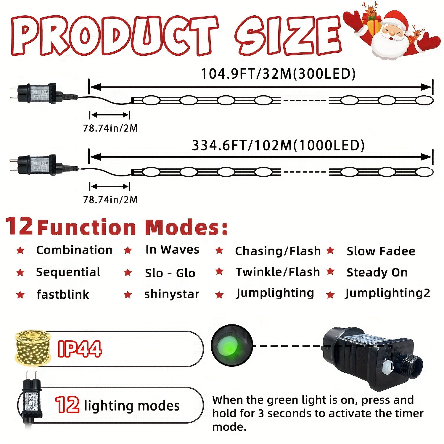 1000/300 LED Christmas light string plug-in type, ultra long green flashing LED string light, PVC material, 12 flashing modes, built-in timing function, seasonal lighting fairy light string, suitable for courtyard, garden, pa