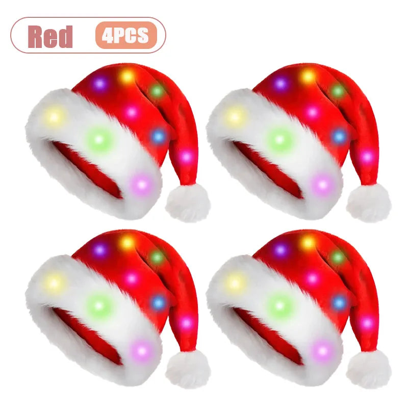 1-4PCS Adult Kid LED Christmas Hat Red Velvet Santa Hat Holiday Headpiece for Home Decoration for Xmas and New Year Celebrations
