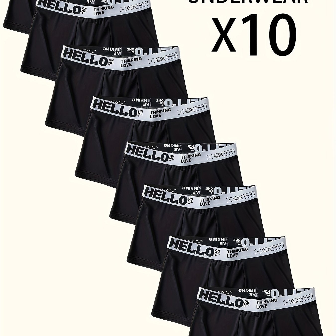 10pcs "Hello" Printed Men's Flat-Cut Underpants - Fashionable, Breathable, Comfortable Sports Underpants, High Elasticity, Quick-Drying Sports Underpants